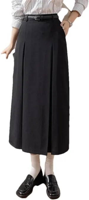 Women Vintage Pleated Mid Length Elegant High Waist Solid Color Office Long A-Line Skirts