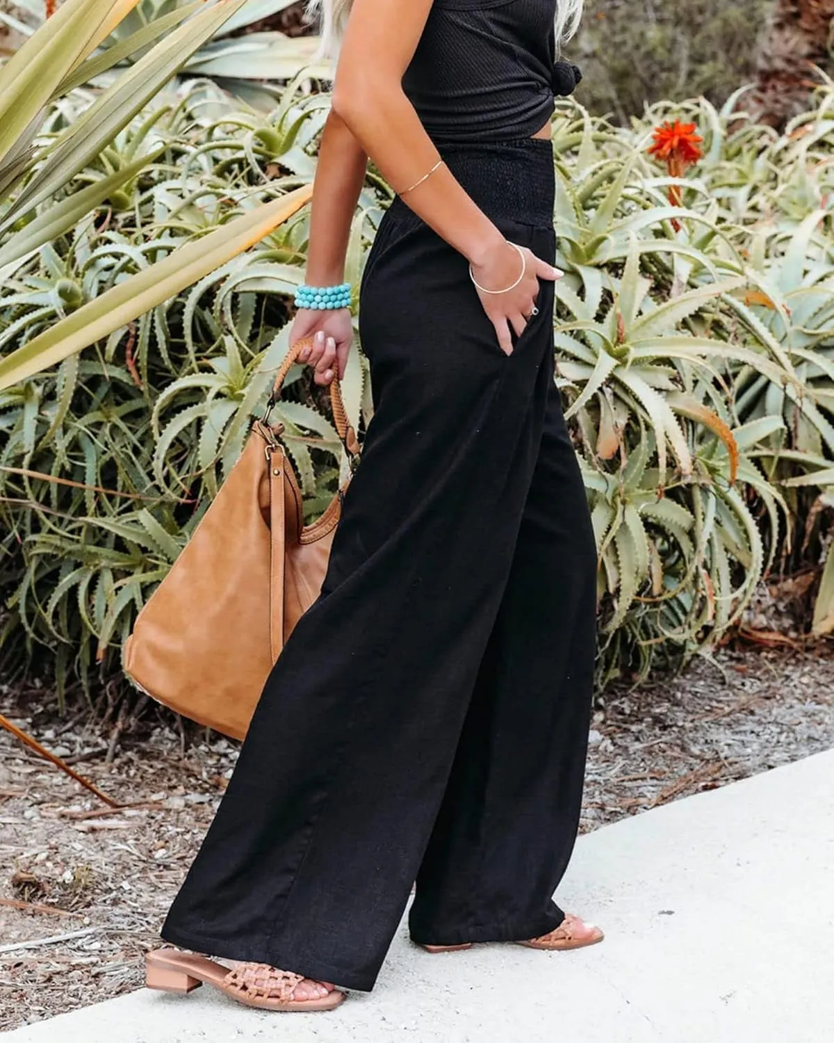 Women Wide Leg Linen Palazzo Pants Summer Flowy High Waisted Trousers with Pockets