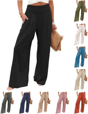 Women Wide Leg Linen Palazzo Pants Summer Flowy High Waisted Trousers with Pockets