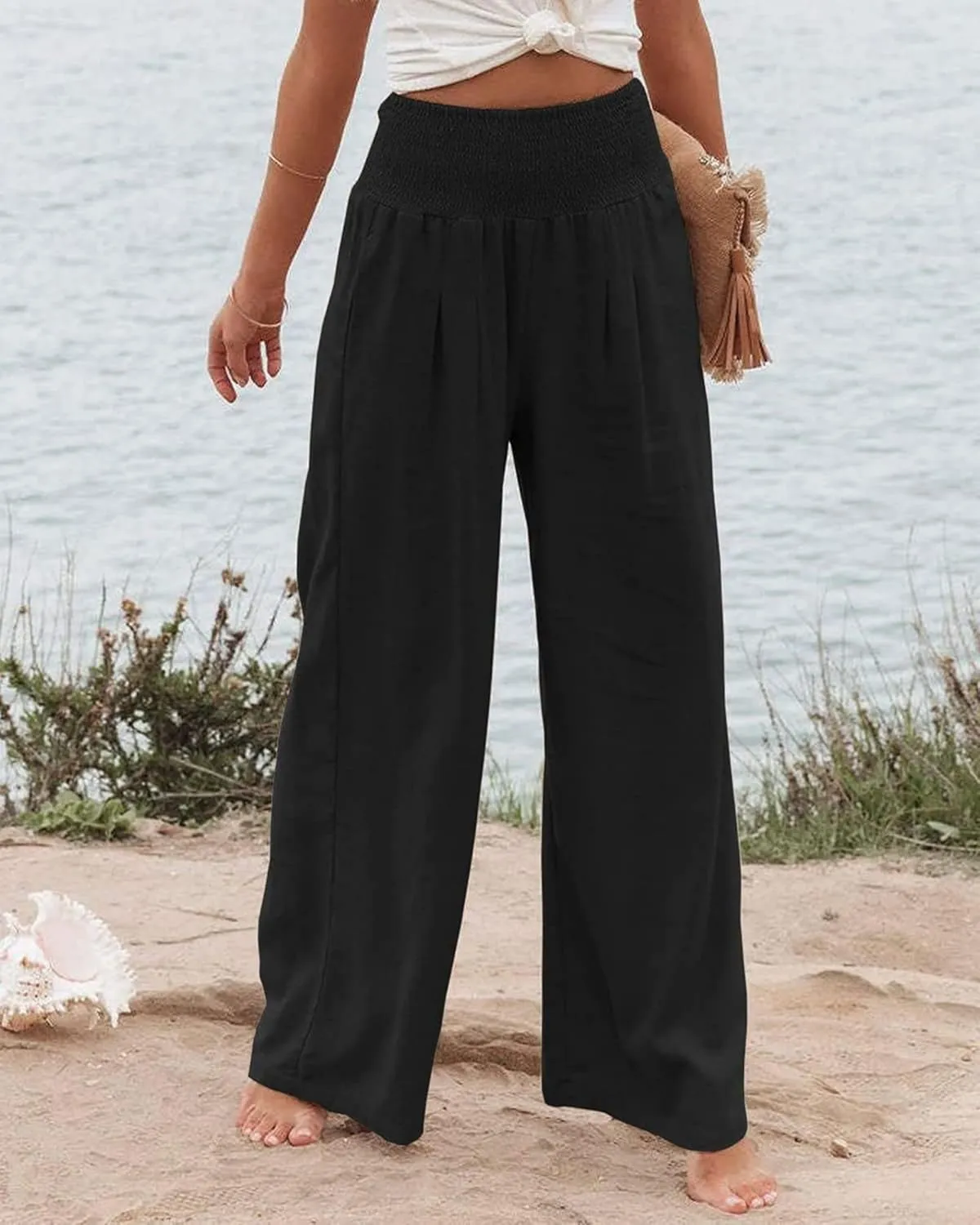 Women Wide Leg Linen Palazzo Pants Summer Flowy High Waisted Trousers with Pockets