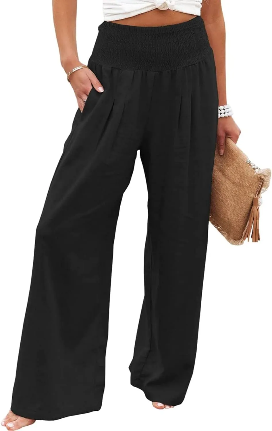 Women Wide Leg Linen Palazzo Pants Summer Flowy High Waisted Trousers with Pockets