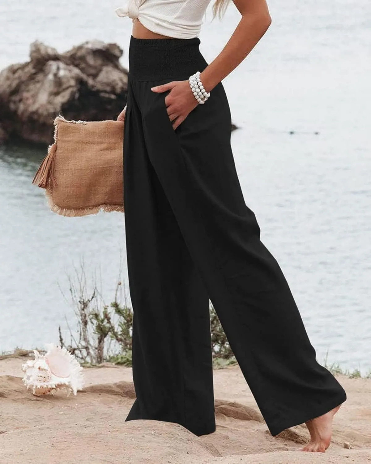 Women Wide Leg Linen Palazzo Pants Summer Flowy High Waisted Trousers with Pockets