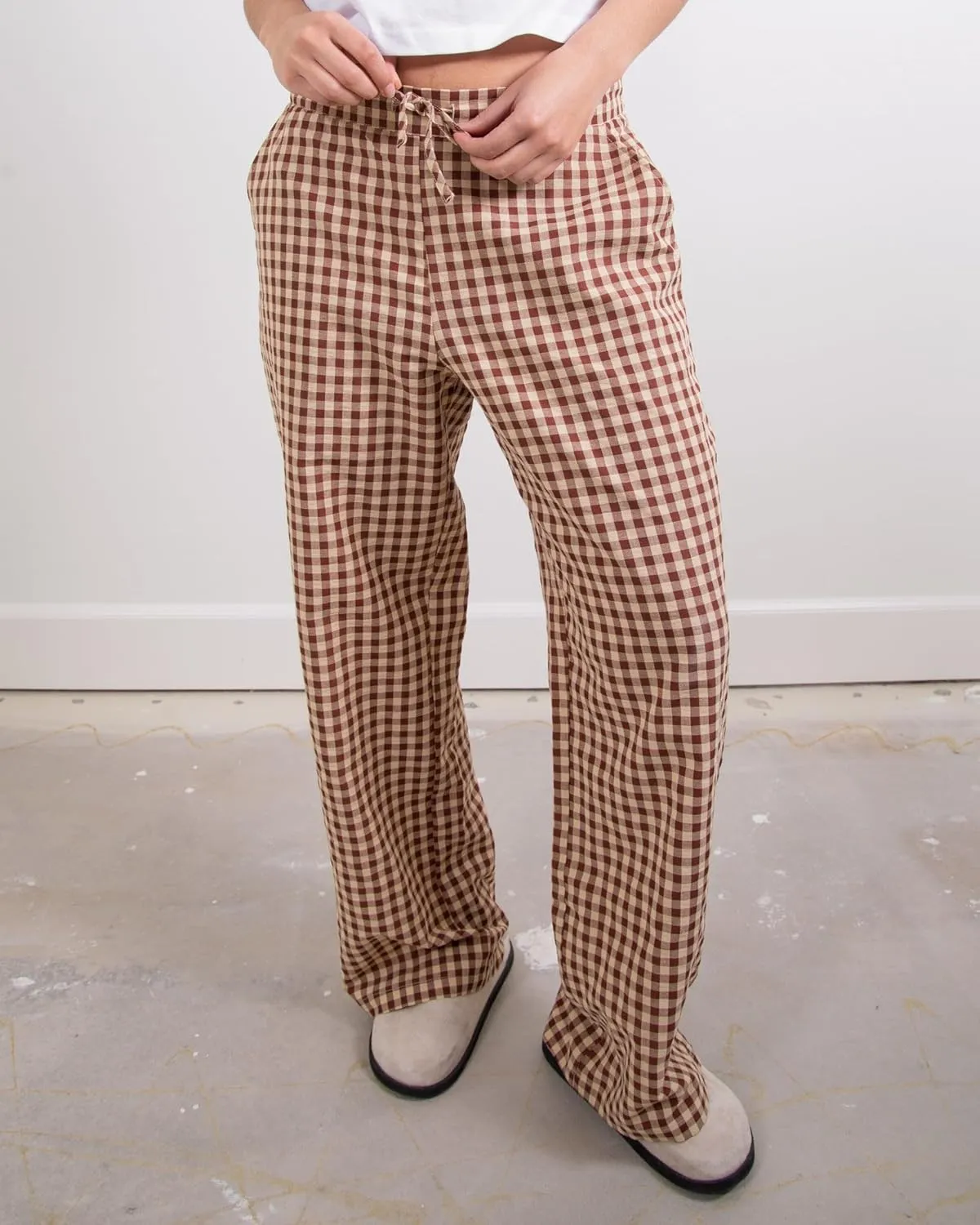 Women Y2K Plaid Pants Summer Casual Drawstring High Waist Straight Leg Trousers Gingham Lounge Pants Streetwear