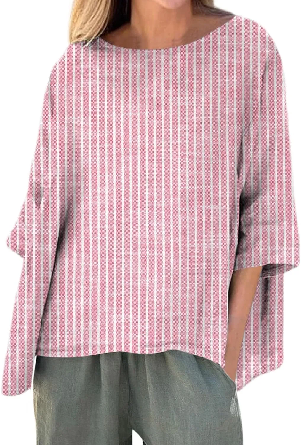 Women's 3/4 Sleeve Cotton Linen Blouses Top T-Shirt Shirts Casual Summer Crew Neck Tunic Tops Loose Tshirts Side Slit