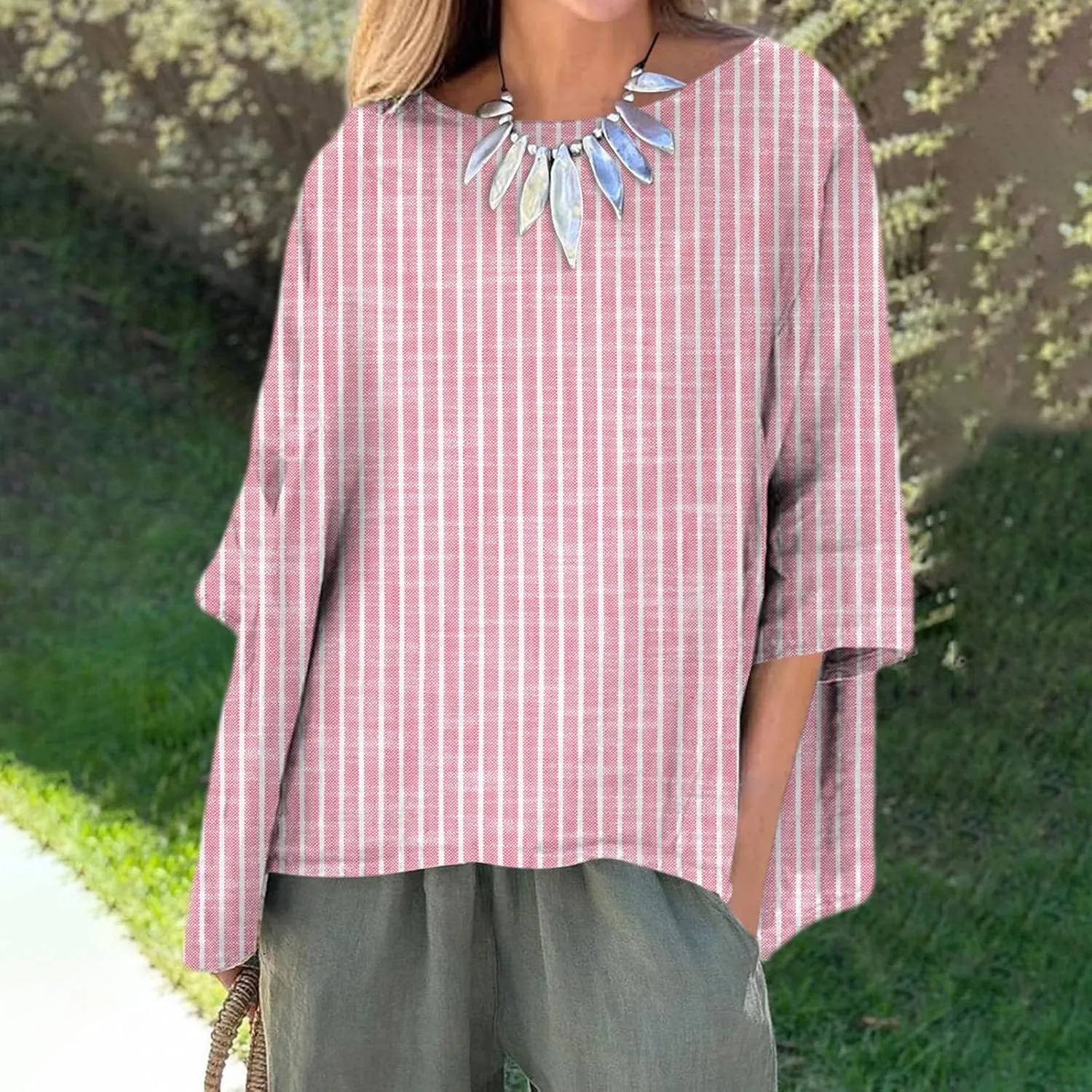 Women's 3/4 Sleeve Cotton Linen Blouses Top T-Shirt Shirts Casual Summer Crew Neck Tunic Tops Loose Tshirts Side Slit