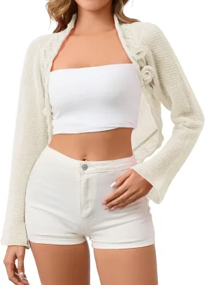 Women's Bolero Shrug Cropped Cardigan Long Sleeve Cute Y2K Tops Flower Open Front Knitted Sweaters