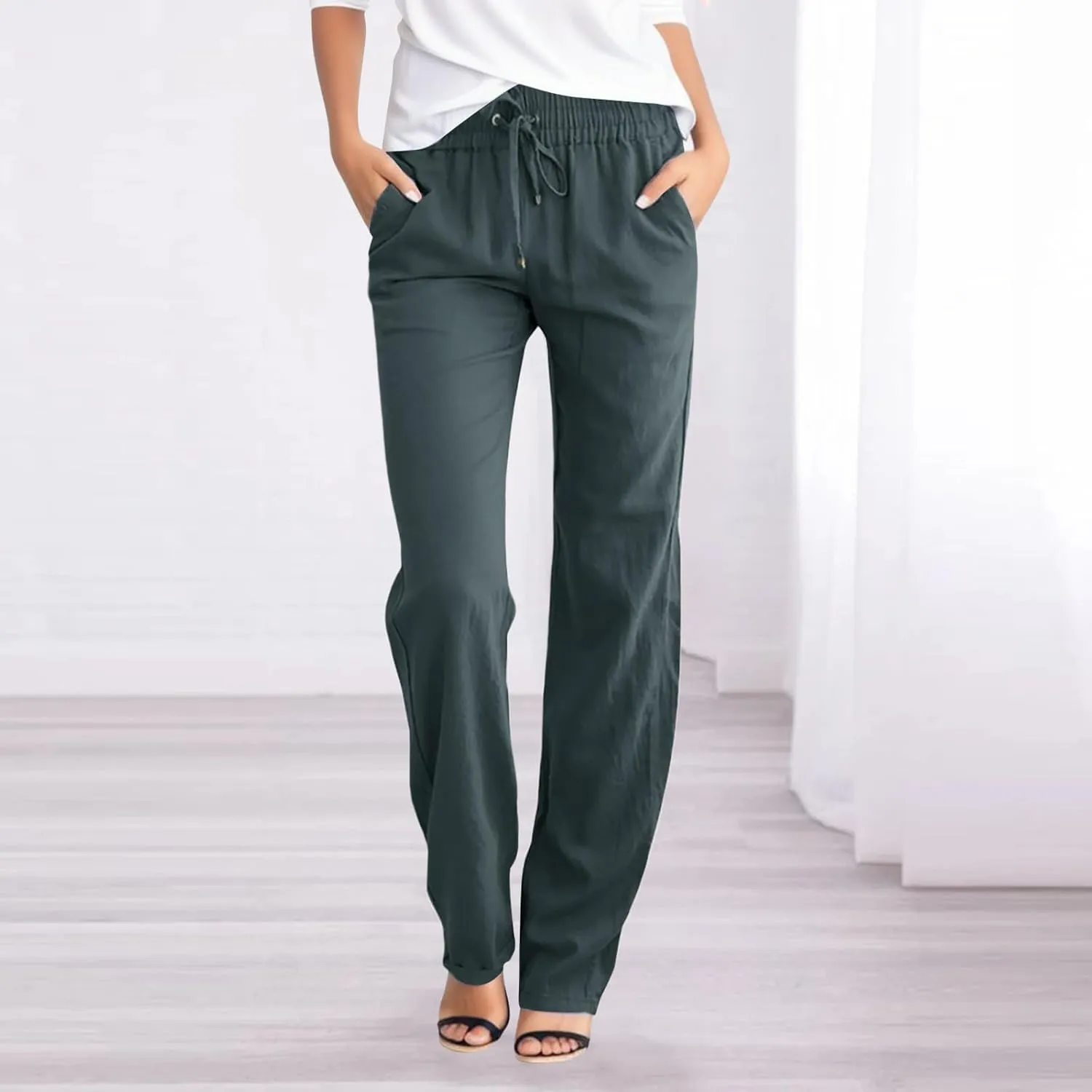 Womens Casual Cotton Linen High Waist Pants Drawstring Loose Fit Summer Pants Straight Leg Lounge Trousers with Side Pockets