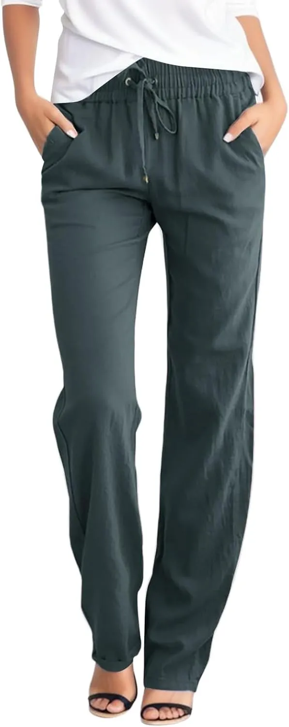 Womens Casual Cotton Linen High Waist Pants Drawstring Loose Fit Summer Pants Straight Leg Lounge Trousers with Side Pockets