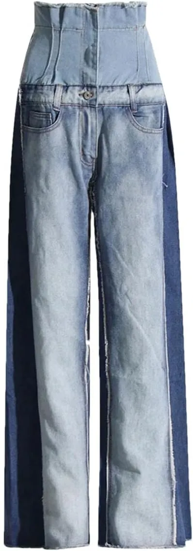Women's Casual Denim Patchwork Trousers Women High Waist Wide Leg Jeans