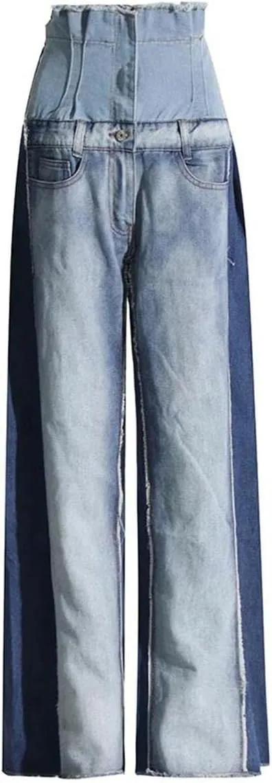 Women's Casual Denim Patchwork Trousers Women High Waist Wide Leg Jeans