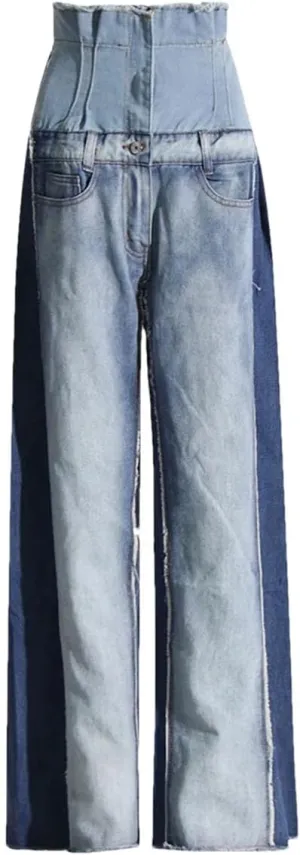 Women's Casual Denim Patchwork Trousers Women High Waist Wide Leg Jeans
