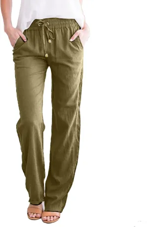 Womens Casual Linen High Waist Pants Drawstring Loose Fit Summer Pants Straight Leg Trousers with Side Pockets
