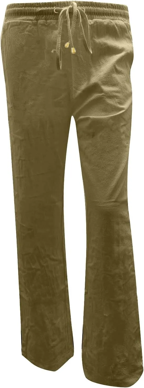 Womens Casual Linen High Waist Pants Drawstring Loose Fit Summer Pants Straight Leg Trousers with Side Pockets