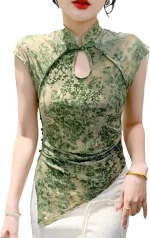 Women's Casual Slim Fit Sleeveless Blouse Side Split Floral Print T-Shirt with Asymmetric Hem