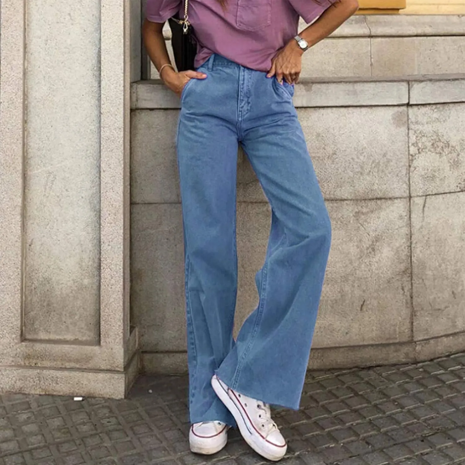 Womens Casual Wide Leg Jeans Petite to Plus Size Stretch Wide Leg Jeans Loose Fit Stretch Jeggings with Pockets