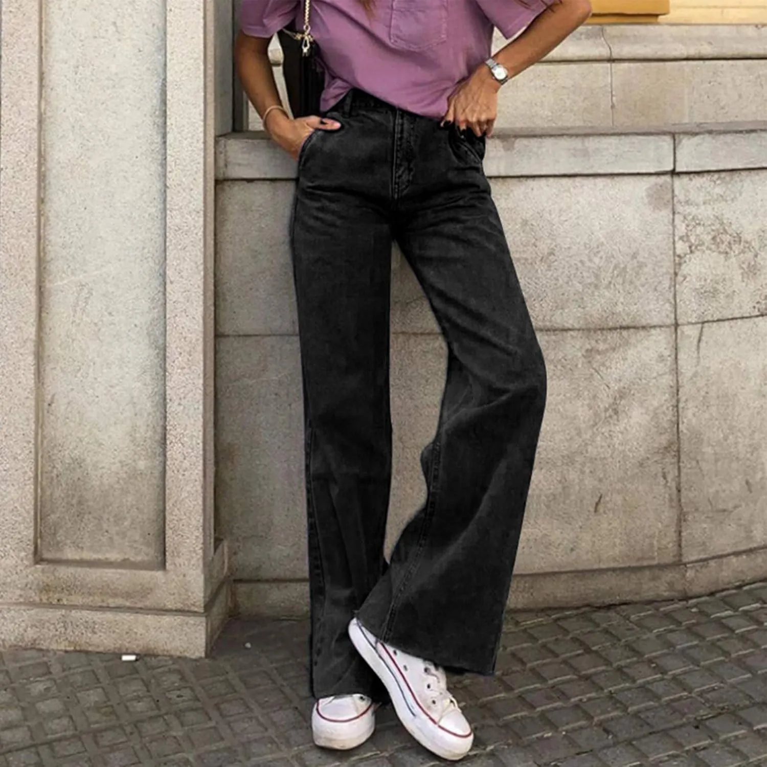 Womens Casual Wide Leg Jeans Petite to Plus Size Stretch Wide Leg Jeans Loose Fit Stretch Jeggings with Pockets