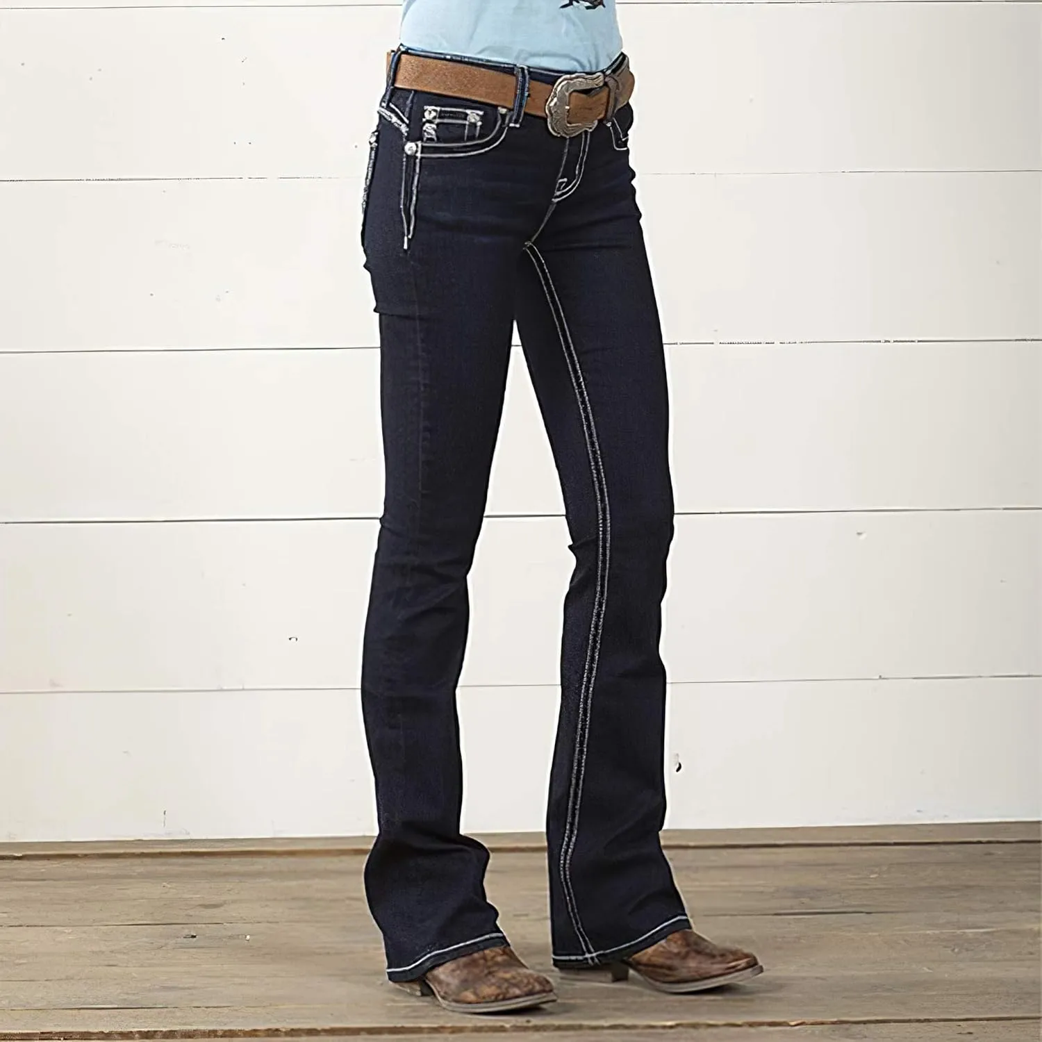 Women's Classic Elastic Slim Bootcut Jeans Button Fly Bell Bottom High Waisted Jeans for Women
