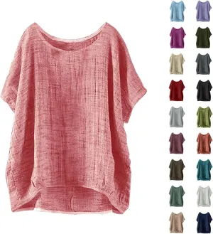 Womens Cotton Linen Crewneck Short Sleeve Tshirts Loose Summer Boho Beach Tunic Tops 2025 Casual Solid Cute Blouses