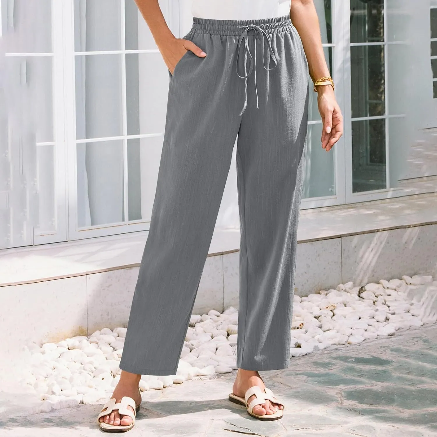 Womens Cotton Linen Elastic Drawstring Straight Leg Pants 2025 Summer Casual Trousers with Pockets Plain Beach Lounge Clothes