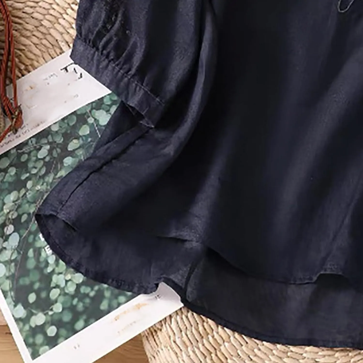 Womens Cotton Linen Tops 2025 Summer Half Sleeve Shirts Loose Crewneck Casual Boho Tops Vintage Embroidered Blouses