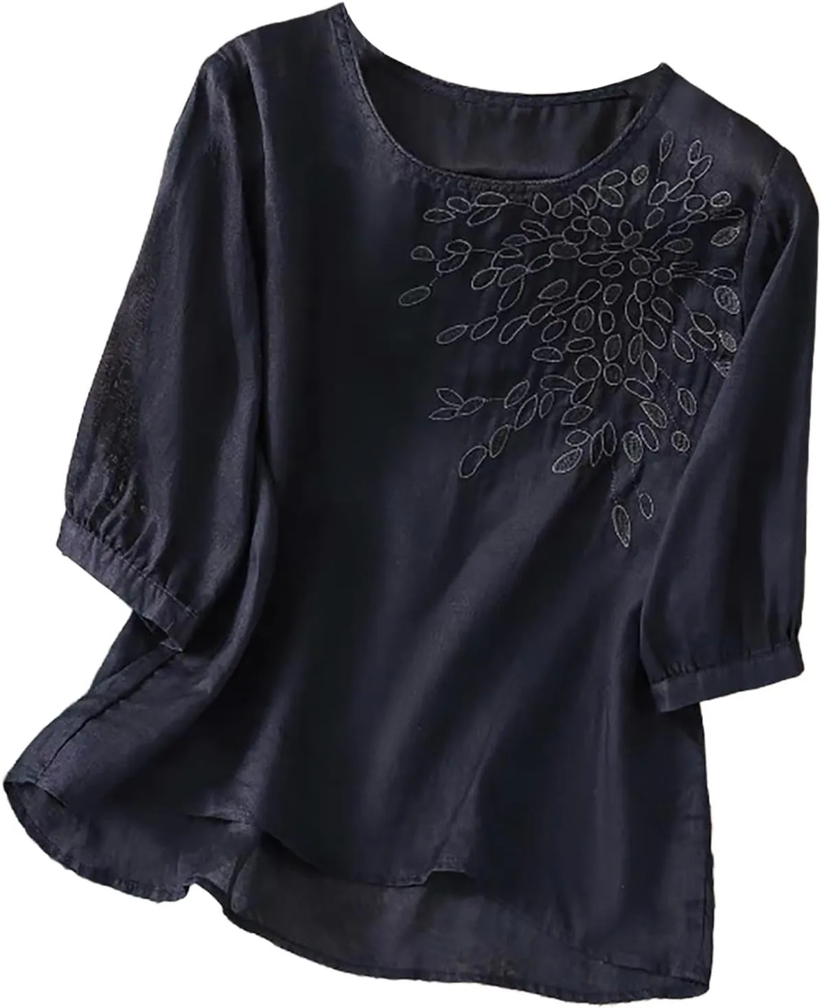Womens Cotton Linen Tops 2025 Summer Half Sleeve Shirts Loose Crewneck Casual Boho Tops Vintage Embroidered Blouses