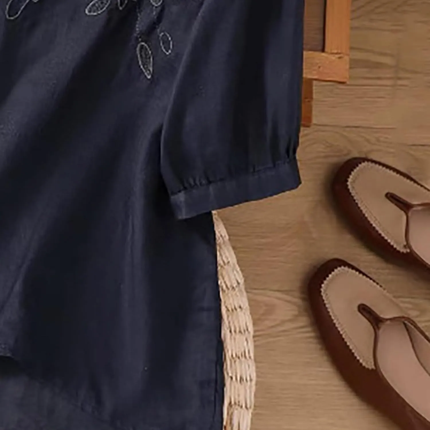 Womens Cotton Linen Tops 2025 Summer Half Sleeve Shirts Loose Crewneck Casual Boho Tops Vintage Embroidered Blouses