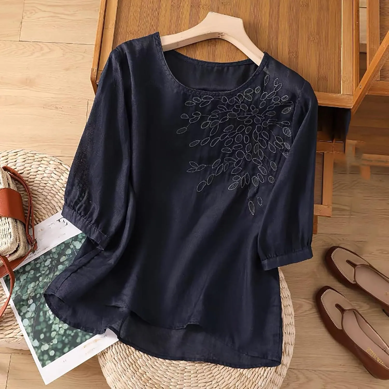 Womens Cotton Linen Tops 2025 Summer Half Sleeve Shirts Loose Crewneck Casual Boho Tops Vintage Embroidered Blouses