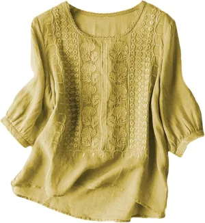 Women's Cute Crew Neck Cotton Linen Shirts Casual Boho Embroidered Floral Beach Tshirts Short Sleeve Loose Basic Tops
