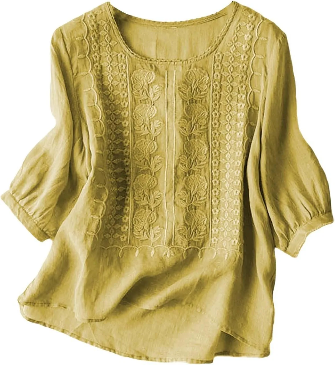 Women's Cute Crew Neck Cotton Linen Shirts Casual Boho Embroidered Floral Beach Tshirts Short Sleeve Loose Basic Tops