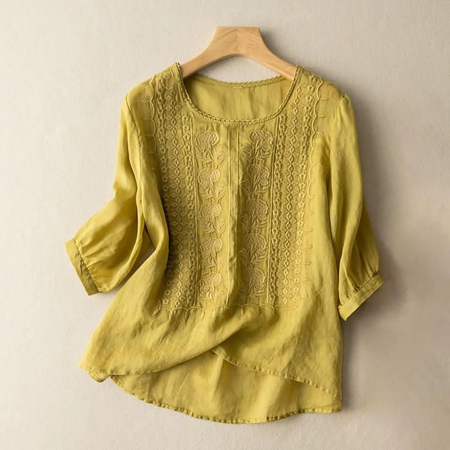 Women's Cute Crew Neck Cotton Linen Shirts Casual Boho Embroidered Floral Beach Tshirts Short Sleeve Loose Basic Tops