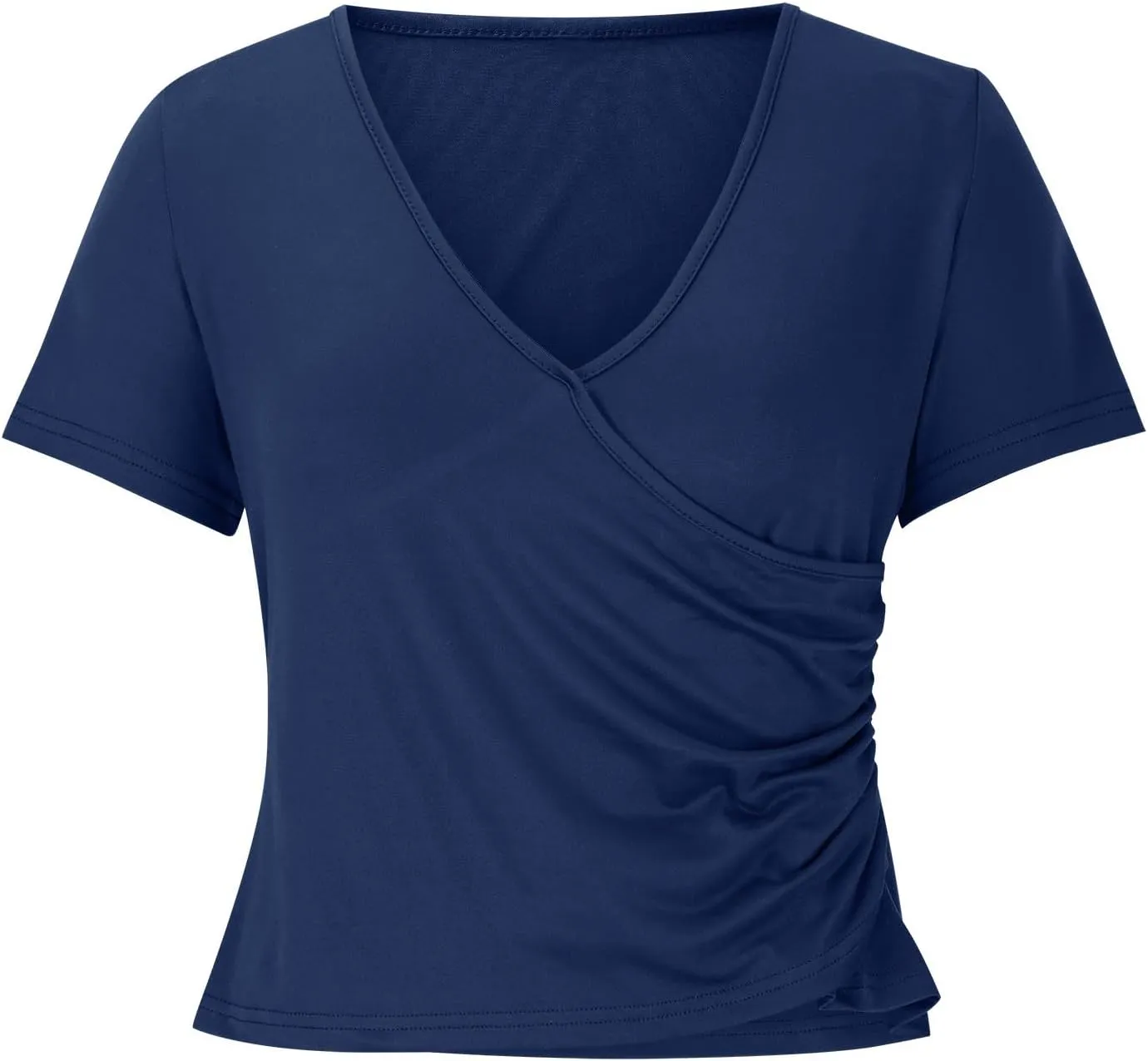 Women's Deep V Neck Tops Trendy Short Sleeve Slim Fitted T Shirts Dressy Solid Front Wrap Ruched Yoga Tee Shirt