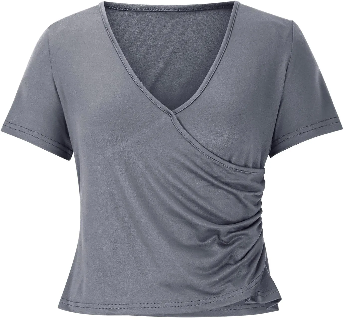 Women's Deep V Neck Tops Trendy Short Sleeve Slim Fitted T Shirts Dressy Solid Front Wrap Ruched Yoga Tee Shirt