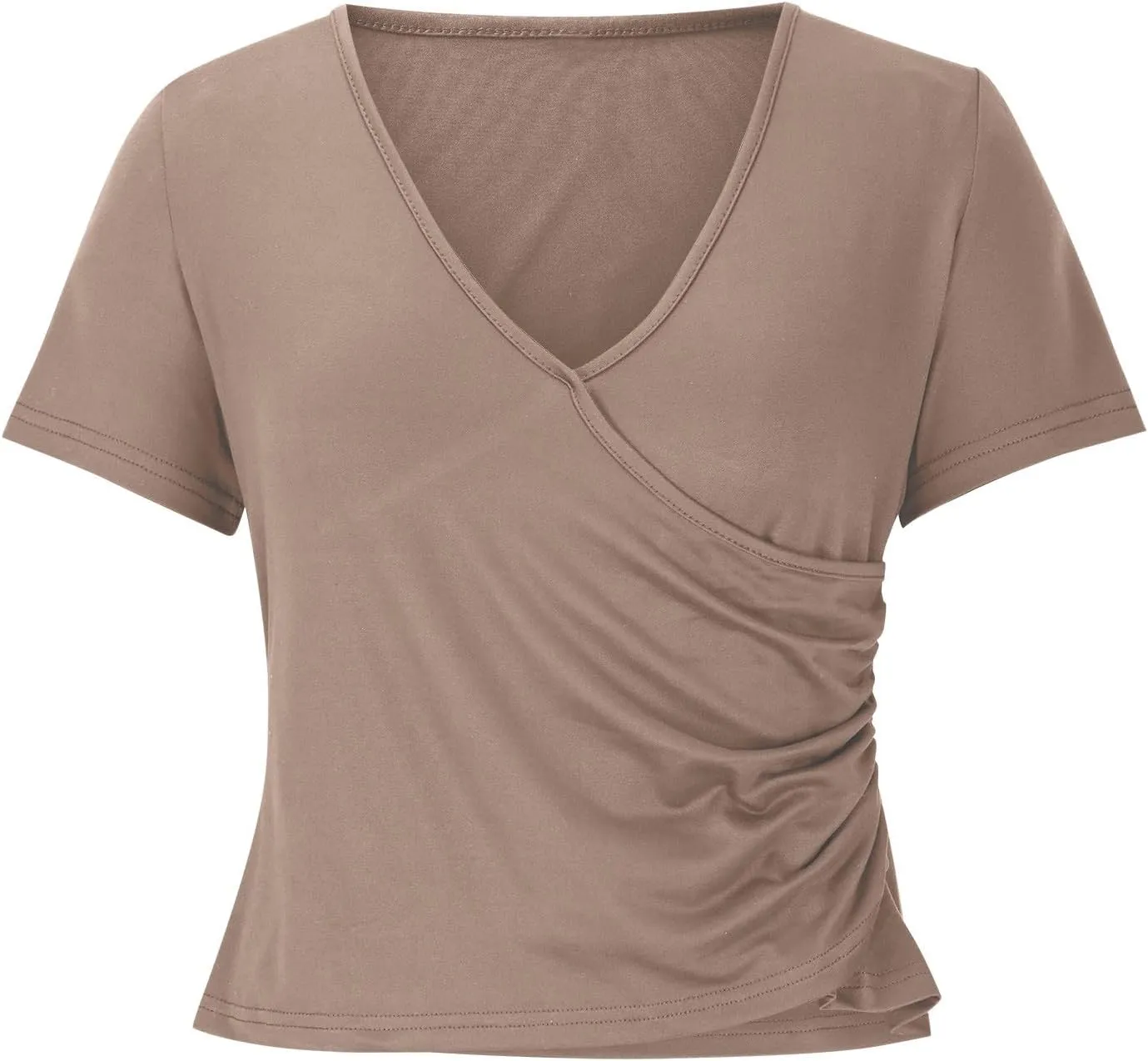 Women's Deep V Neck Tops Trendy Short Sleeve Slim Fitted T Shirts Dressy Solid Front Wrap Ruched Yoga Tee Shirt