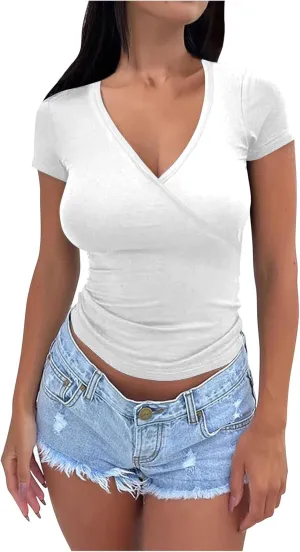 Women's Deep V Neck Tops Trendy Short Sleeve Slim Fitted T Shirts Dressy Solid Front Wrap Ruched Yoga Tee Shirt