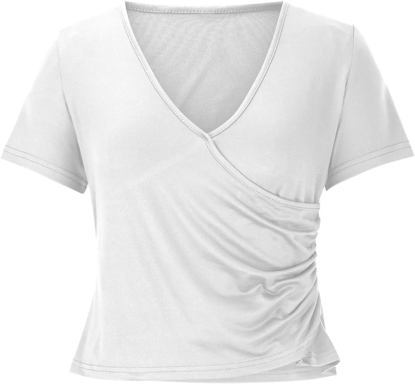 Women's Deep V Neck Tops Trendy Short Sleeve Slim Fitted T Shirts Dressy Solid Front Wrap Ruched Yoga Tee Shirt