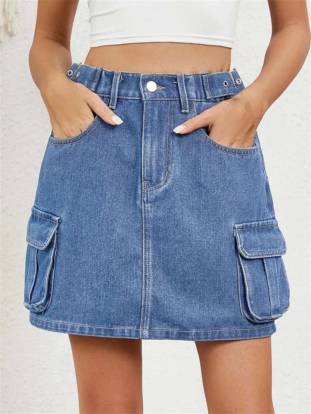 Women's Denim Skirts Classic Blueadjustable Waistband Summer Fashion Mini Skirt with Pockets