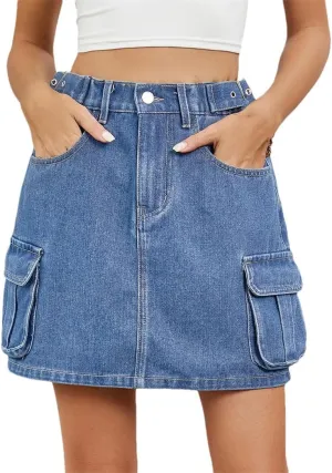 Women's Denim Skirts Classic Blueadjustable Waistband Summer Fashion Mini Skirt with Pockets