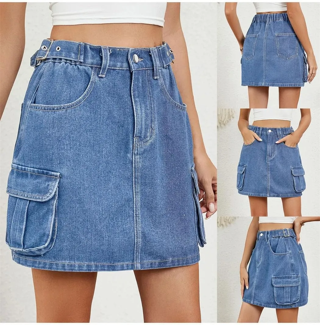 Women's Denim Skirts Classic Blueadjustable Waistband Summer Fashion Mini Skirt with Pockets