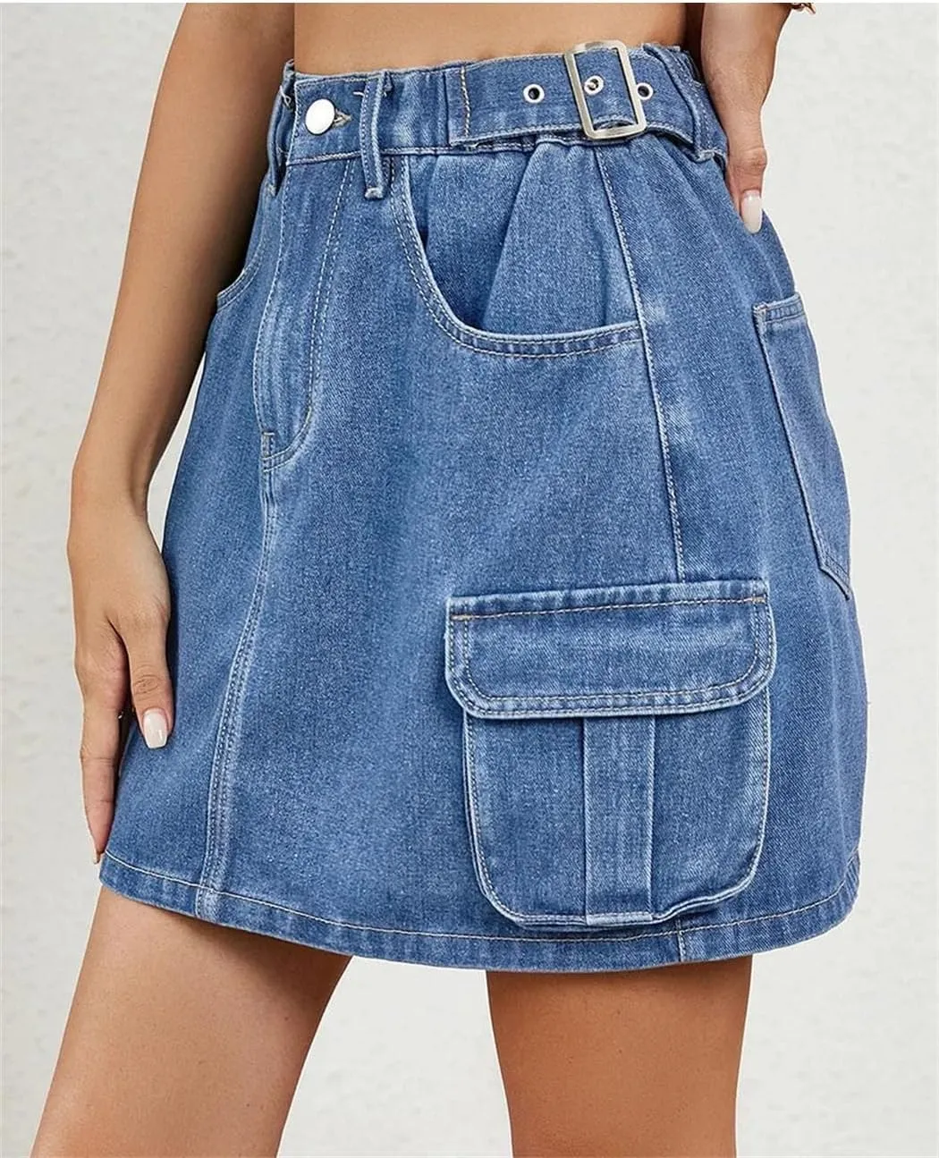 Women's Denim Skirts Classic Blueadjustable Waistband Summer Fashion Mini Skirt with Pockets