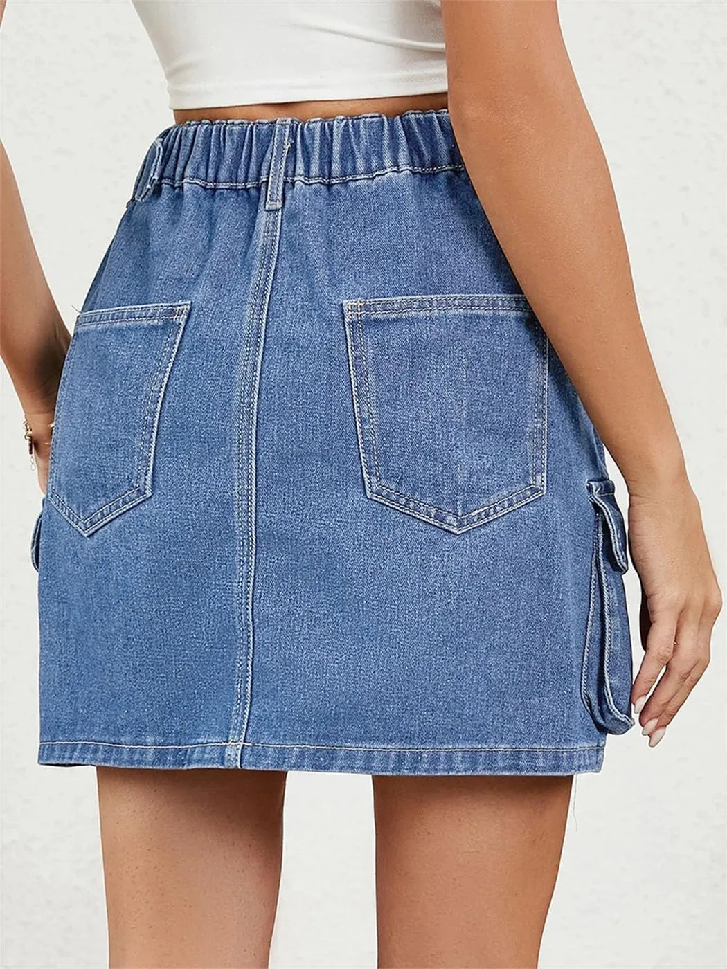 Women's Denim Skirts Classic Blueadjustable Waistband Summer Fashion Mini Skirt with Pockets