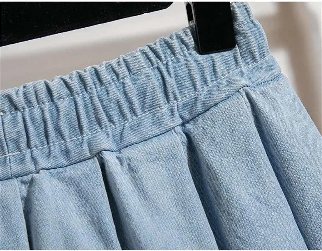 Womens Denim Skirts Elastic Waist Soft Loose Jeans Mini Lace Up Pleated Skirt