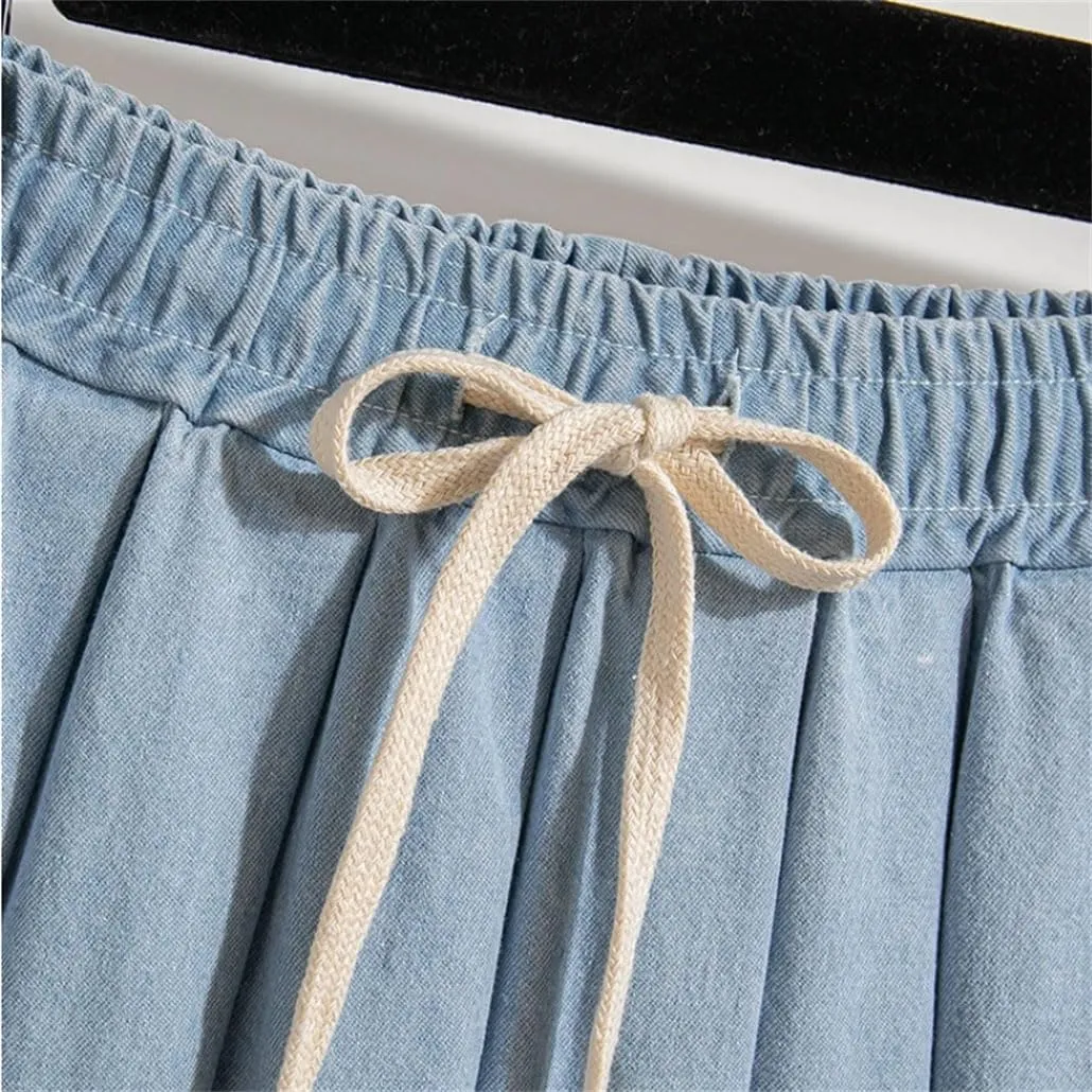 Womens Denim Skirts Elastic Waist Soft Loose Jeans Mini Lace Up Pleated Skirt