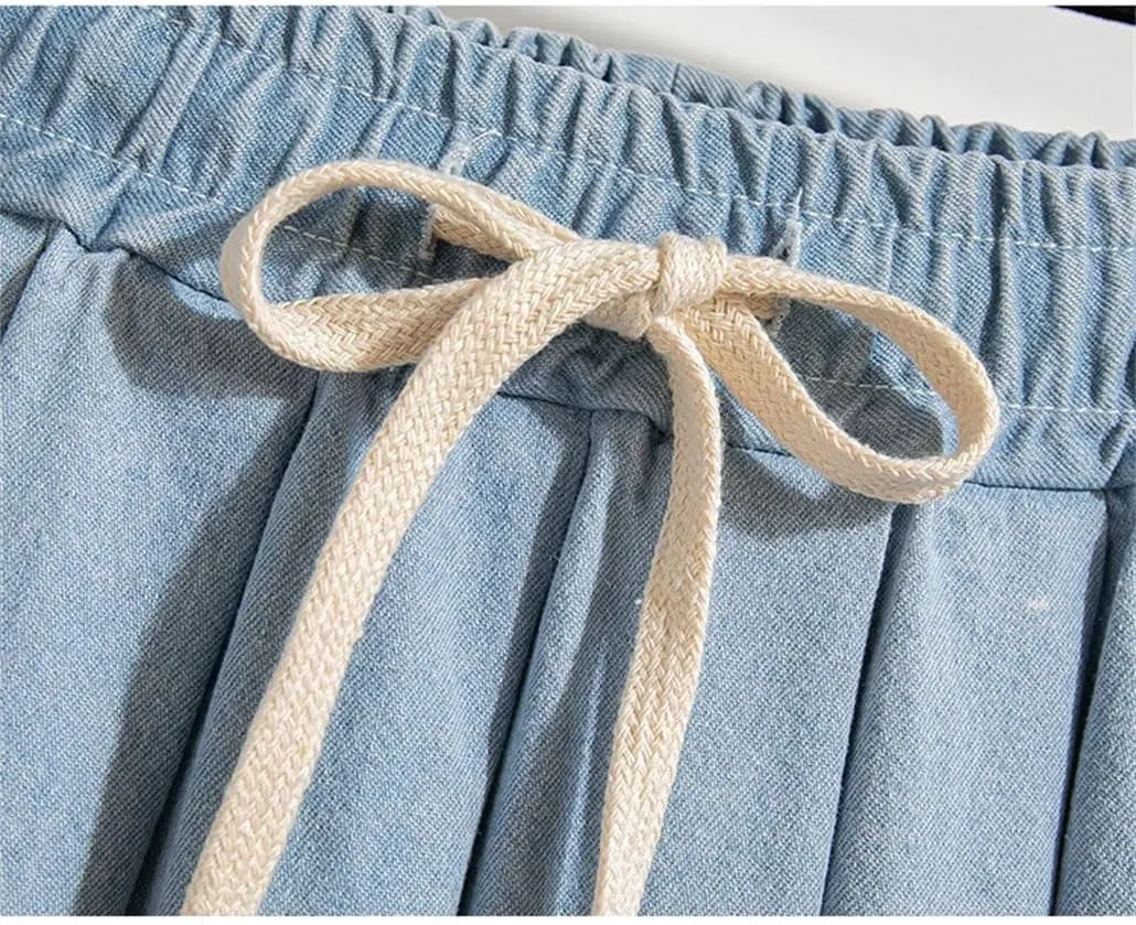 Womens Denim Skirts Elastic Waist Soft Loose Jeans Mini Lace Up Pleated Skirt