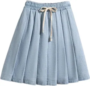 Womens Denim Skirts Elastic Waist Soft Loose Jeans Mini Lace Up Pleated Skirt