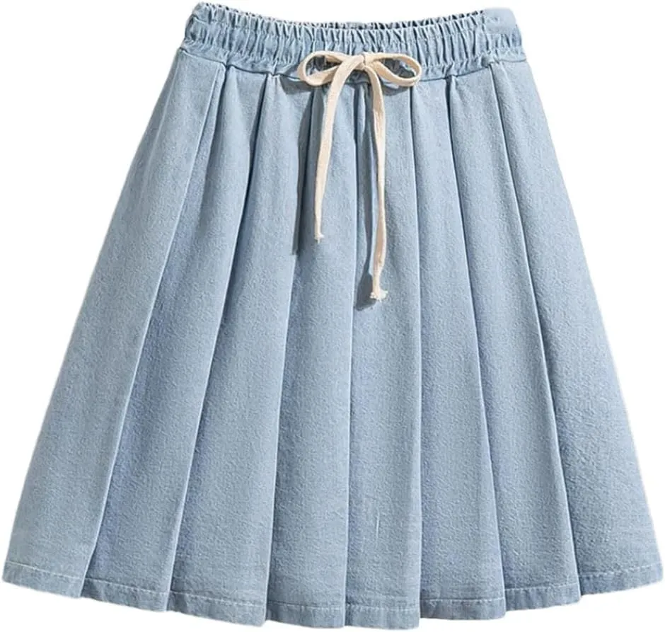 Womens Denim Skirts Elastic Waist Soft Loose Jeans Mini Lace Up Pleated Skirt