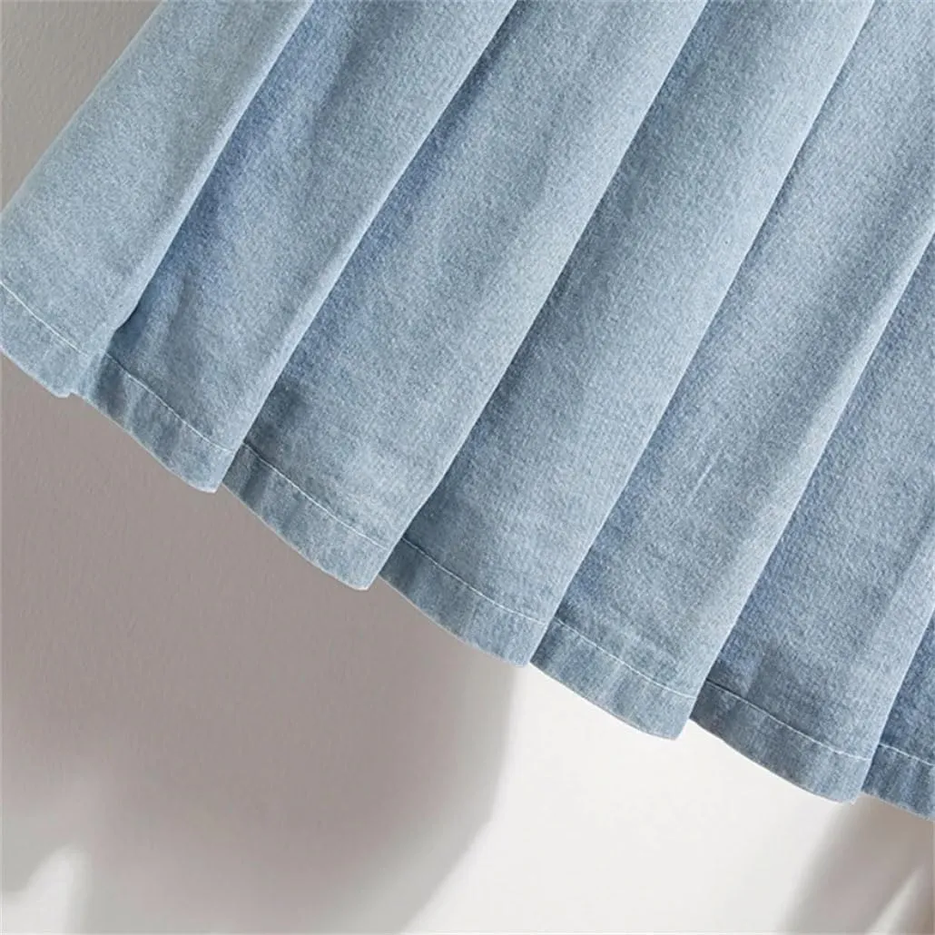 Womens Denim Skirts Elastic Waist Soft Loose Jeans Mini Lace Up Pleated Skirt