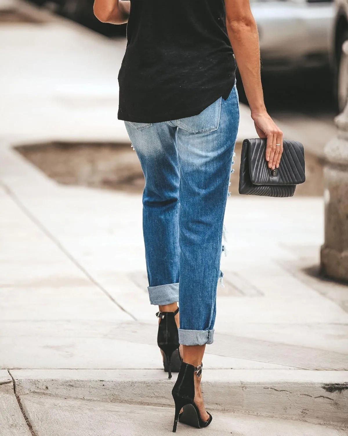 Women's Distressed Mid Waisted Boyfriend Jeans Loose Fit Ripped Stretchy Denim Pants