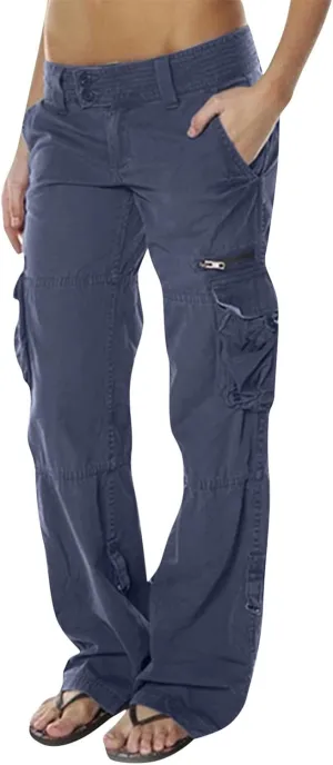 Womens Elastic High Waisted Cargo Pants Casual Relaxed Fit Multi Pockets Work Pants Trendy Y2K Streetwear Trousers