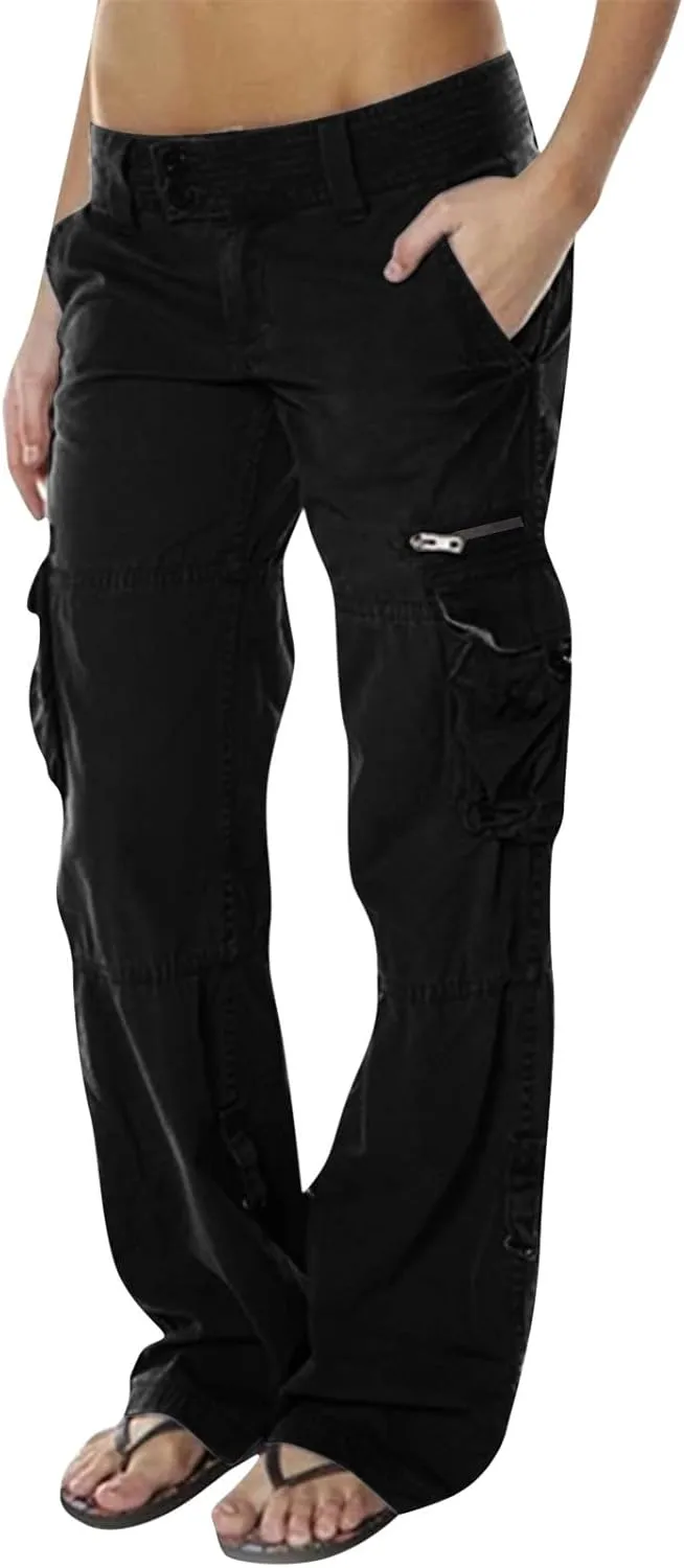 Womens Elastic High Waisted Cargo Pants Casual Relaxed Fit Multi Pockets Work Pants Trendy Y2K Streetwear Trousers