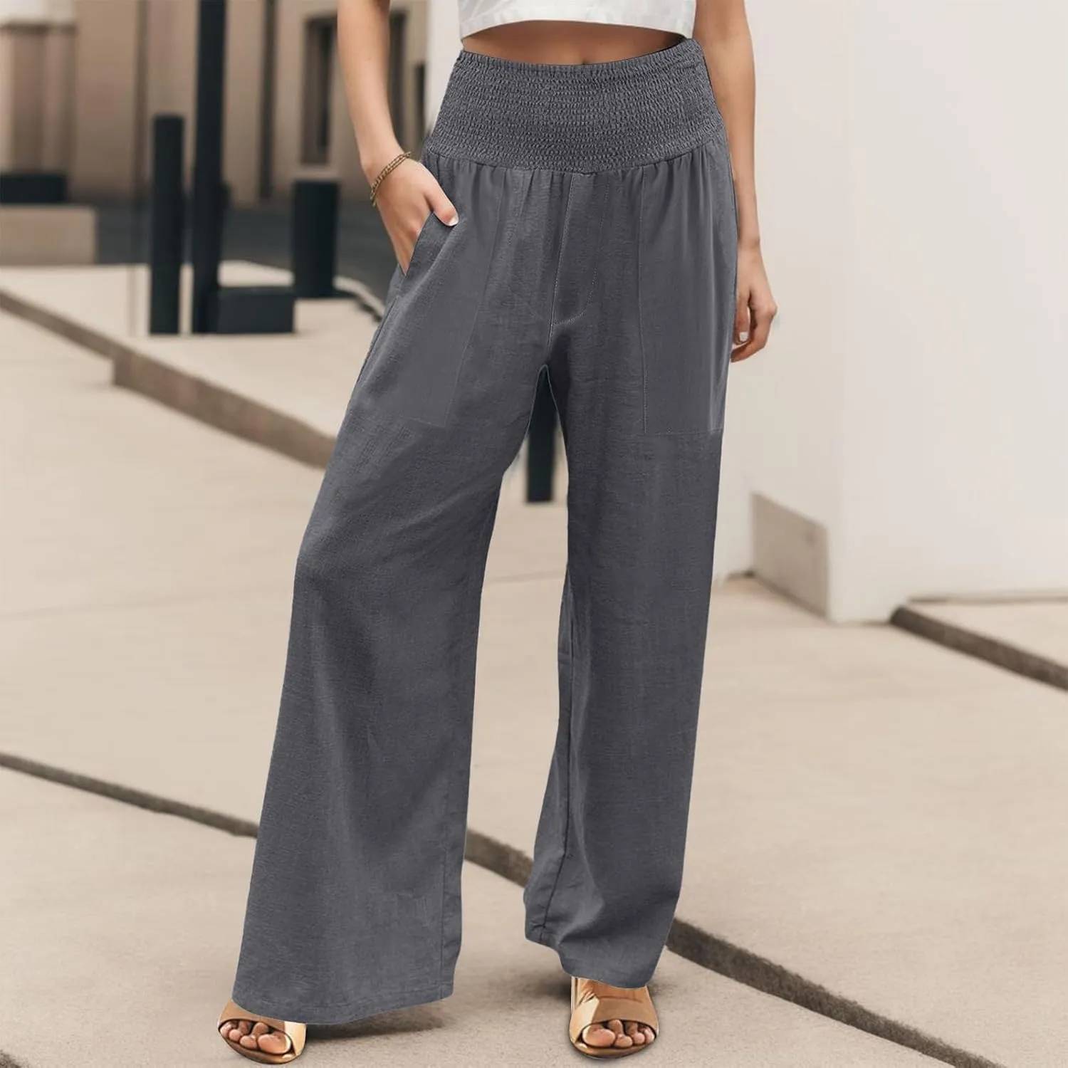 Womens Elastic High Waisted Palazzo Pants Casual Wide Leg Smock Lounge Pant Solid Beach Trousers with Pocket